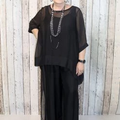 Imagine - Black Silk Gia Pant With Split 10IM2184 Imagine Fashion Linen & Silk