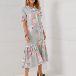 Binny - "WHEEL OF FORTUNE." Linen Viscose Maxi Dress - Chambray Patchwork 12 Binny -