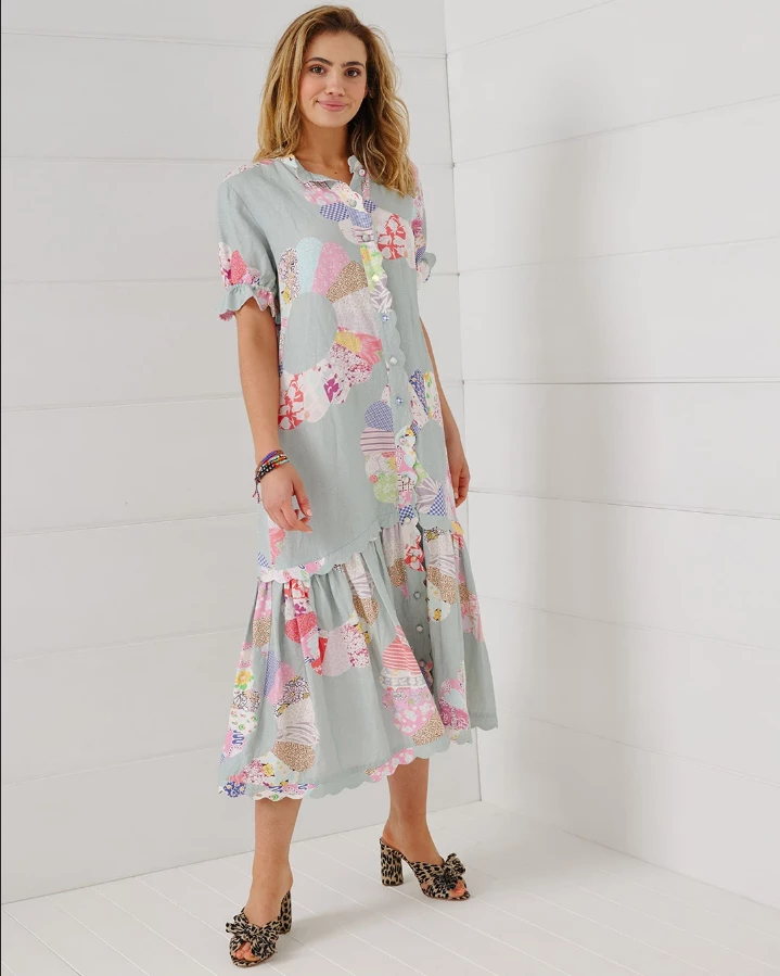 Binny - "WHEEL OF FORTUNE." Linen Viscose Maxi Dress - Chambray Patchwork 6 Binny - "WHEEL OF FORTUNE." Linen Viscose Maxi Dress - Chambray Patchwork