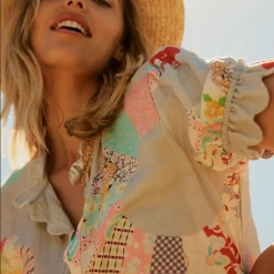 Binny - "WHEEL OF FORTUNE." Linen Viscose Maxi Dress - Chambray Patchwork 14 Binny -