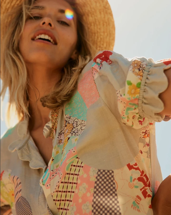 Binny - "WHEEL OF FORTUNE." Linen Viscose Maxi Dress - Chambray Patchwork 8 Binny - "WHEEL OF FORTUNE." Linen Viscose Maxi Dress - Chambray Patchwork