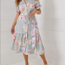 Binny - "WHEEL OF FORTUNE." Linen Viscose Maxi Dress - Chambray Patchwork 15 Binny -