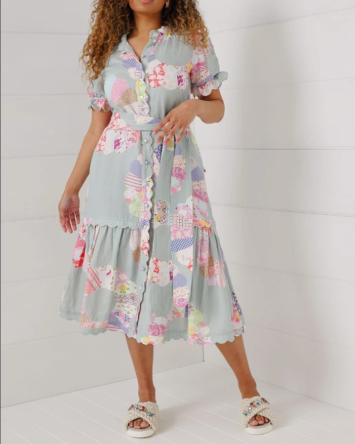 Binny - "WHEEL OF FORTUNE." Linen Viscose Maxi Dress - Chambray Patchwork 9 Binny - "WHEEL OF FORTUNE." Linen Viscose Maxi Dress - Chambray Patchwork