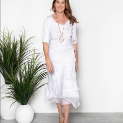 Imagine - White Flapper Charisse Dress Silk Ruffle Layers 10MM2737 Imagine Fashion Linen & Silk