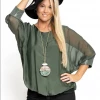 Imagine - Khaki Harlow Silk Top W Sequin Trim Sleeve 30MM9773 Imagine Fashion Linen & Silk