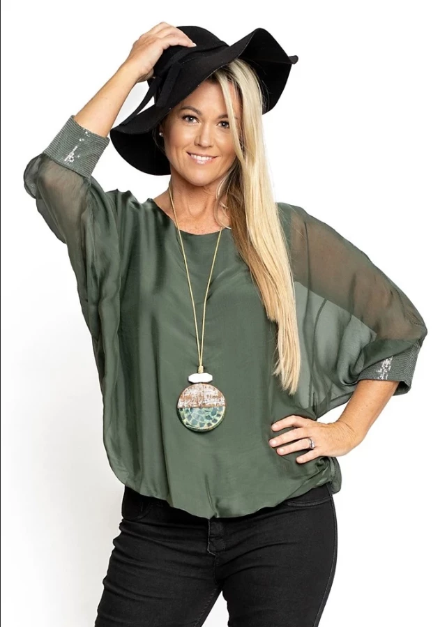 Imagine - Khaki Harlow Silk Top W Sequin Trim Sleeve 30MM9773 Imagine Fashion Linen & Silk 3 Imagine - Khaki Harlow Silk Top W Sequin Trim Sleeve 30MM9773 Imagine Fashion Linen & Silk