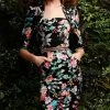 Sacha Drake - Beatrice Dress - Black Multi Floral BEATRICE FITTED 3/4 SLEEVE STRETCH SQUARE-NECK KNEE LENGTH DRESS IN BLACK MULTI FLORAL