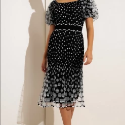 Sacha Drake - Cumulous Puff Sleeve Dress - Black White Mesh Spot