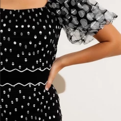 Sacha Drake - Cumulous Puff Sleeve Dress - Black White Mesh Spot