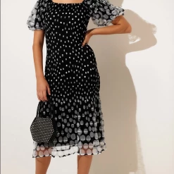 Sacha Drake - Cumulous Puff Sleeve Dress - Black White Mesh Spot