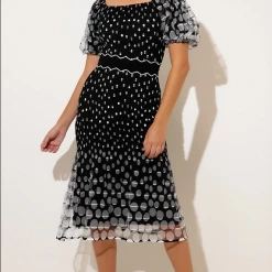 Sacha Drake - Cumulous Puff Sleeve Dress - Black White Mesh Spot