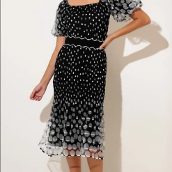 Sacha Drake - Cumulous Puff Sleeve Dress - Black White Mesh Spot