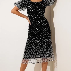 Sacha Drake - Cumulous Puff Sleeve Dress - Black White Mesh Spot