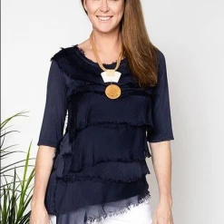 Imagine - Navy Fleur Top Silk Ruffle 3/4 Sleeve10IM2374N