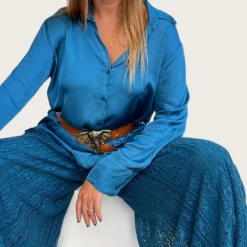 Imagine Fashion Linen & Silk Jenny Jazz - Teal Boho Lace Pants