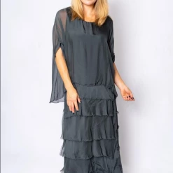 The Italian Closet - Charcoal Rowena Silk Tunic Dress With Cut Silk Skirt 2388N