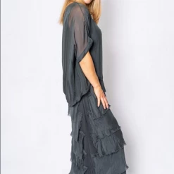 The Italian Closet - Charcoal Rowena Silk Tunic Dress With Cut Silk Skirt 2388N