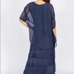 The Italian Closet - Navy Rowena Silk Tunic Dress With Cut Silk Skirt 2388N