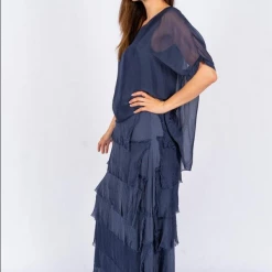 The Italian Closet - Navy Rowena Silk Tunic Dress With Cut Silk Skirt 2388N