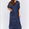 The Italian Closet - Navy Rowena Silk Tunic Dress With Cut Silk Skirt 2388N