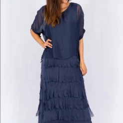 The Italian Closet - Navy Rowena Silk Tunic Dress With Cut Silk Skirt 2388N