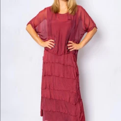 The Italian Closet - Wine Rowena Silk Tunic Dress With Cut Silk Skirt 2388