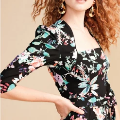 Sacha Drake - Beatrice Dress - Black Multi Floral BEATRICE FITTED 3/4 SLEEVE STRETCH SQUARE-NECK KNEE LENGTH DRESS IN BLACK MULTI FLORAL