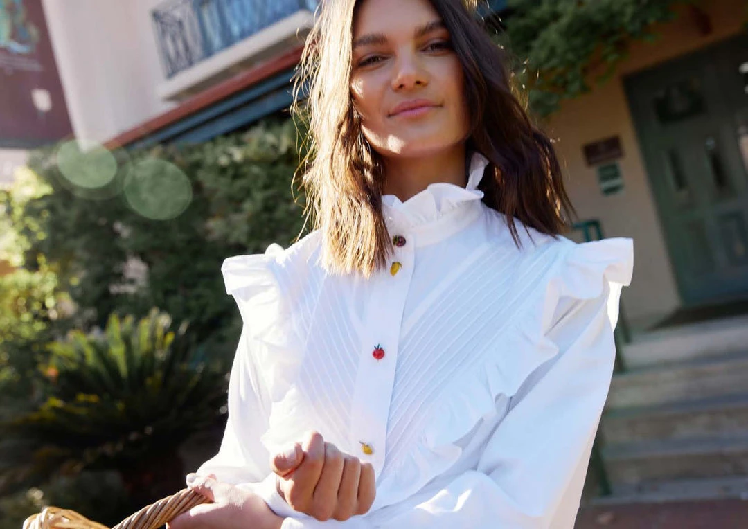 Binny - 'THE C.W.A.' Pintuck & Ruffle Trim Cotton Poplin Shirt With Fruit & Vegetable Buttons 8 Binny - 'THE C.W.A.' Pintuck & Ruffle Trim Cotton Poplin Shirt With Fruit & Vegetable Buttons