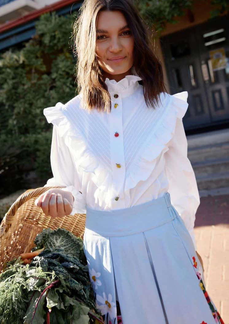 Binny - 'THE C.W.A.' Pintuck & Ruffle Trim Cotton Poplin Shirt With Fruit & Vegetable Buttons 3 Binny - 'THE C.W.A.' Pintuck & Ruffle Trim Cotton Poplin Shirt With Fruit & Vegetable Buttons