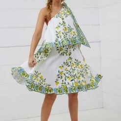 Binny - "THEY CALL ME LEMONCELLO." Linen Viscose One Shoulder Ruffle Midi Dress - Villafranca - Lemon Delicious