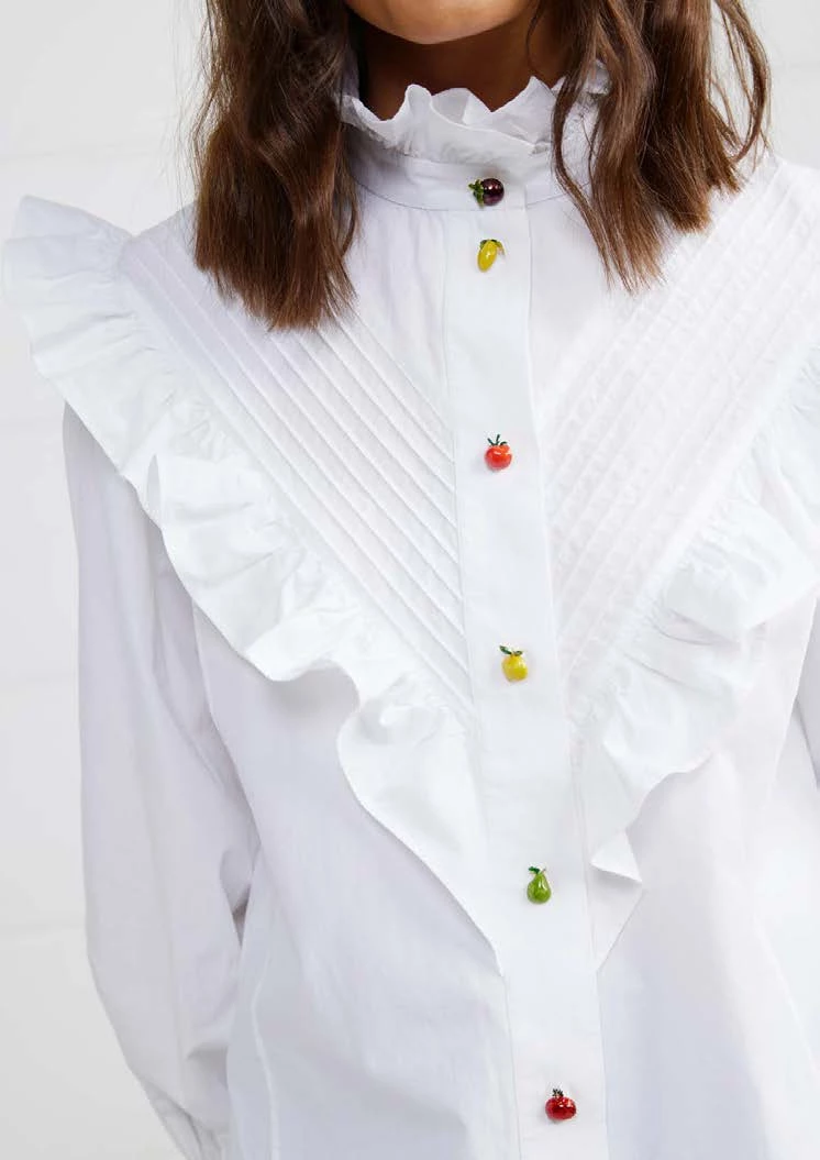 Binny - 'THE C.W.A.' Pintuck & Ruffle Trim Cotton Poplin Shirt With Fruit & Vegetable Buttons 4 Binny - 'THE C.W.A.' Pintuck & Ruffle Trim Cotton Poplin Shirt With Fruit & Vegetable Buttons
