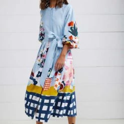 Binny - 'GARDENERS HATS' Cotton Mini Drill Button Through Midi Dress With Self Tie Belt & Pockets