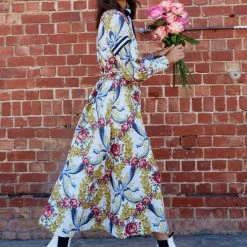 Binny - "EGG CUP POSY." Floral Print Linen/Viscose Midi Dress With Ribbon Placket & Neck Tie & Belt