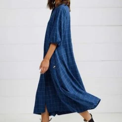 Binny - 'CHAMPION GALLOWAY HACK' Brushed Cotton Pinstripe Check Midi Dress With Webbing Belt