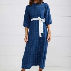 Binny - 'CHAMPION GALLOWAY HACK' Brushed Cotton Pinstripe Check Midi Dress With Webbing Belt