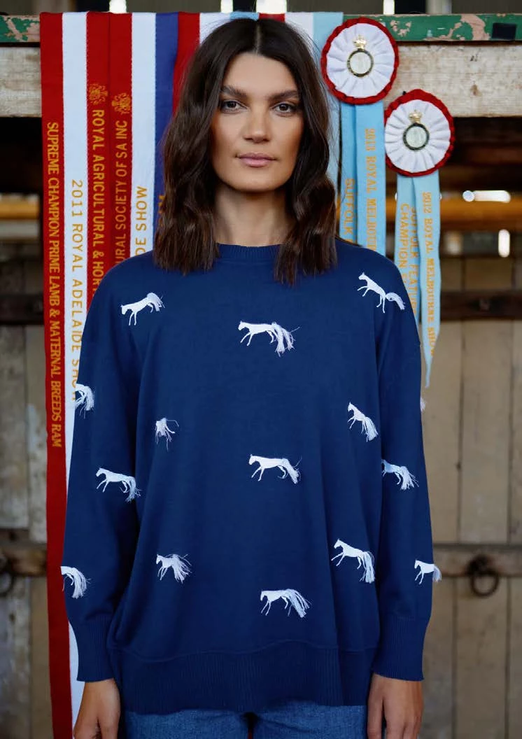 Binny - "MOUNTED GAMES." Horse Embroidered Cotton Knit With Tassel Tails - Navy With White 3 Binny - "MOUNTED GAMES." Horse Embroidered Cotton Knit With Tassel Tails - Navy With White