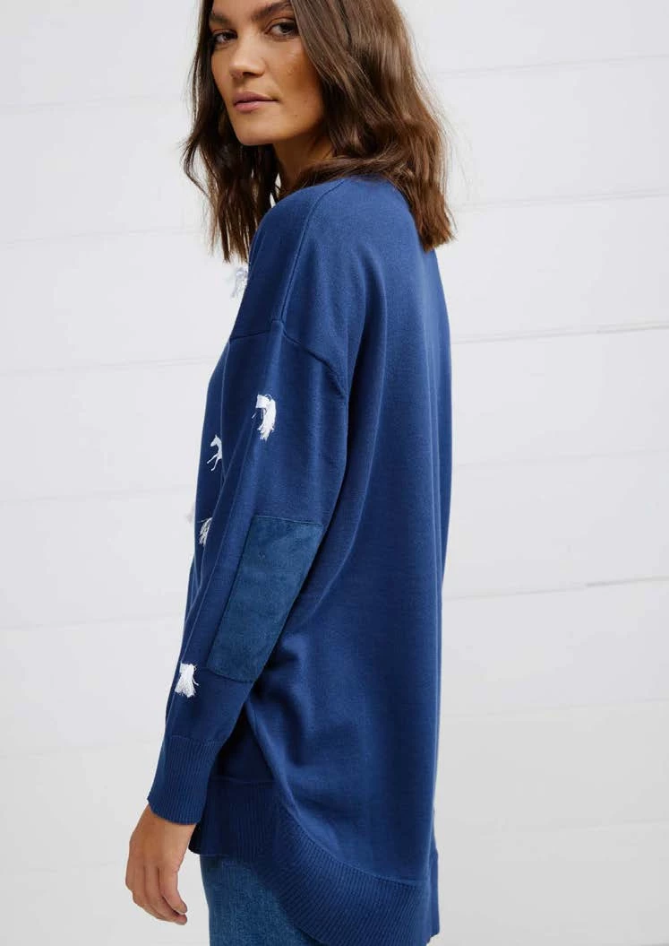 Binny - "MOUNTED GAMES." Horse Embroidered Cotton Knit With Tassel Tails - Navy With White 5 Binny - "MOUNTED GAMES." Horse Embroidered Cotton Knit With Tassel Tails - Navy With White