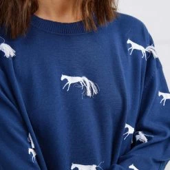 Binny - "MOUNTED GAMES." Horse Embroidered Cotton Knit With Tassel Tails - Navy With White 9 Binny -