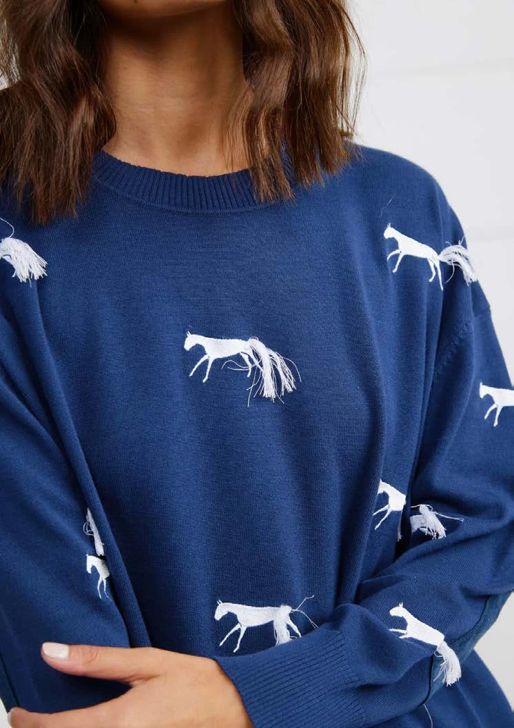 Binny - "MOUNTED GAMES." Horse Embroidered Cotton Knit With Tassel Tails - Navy With White 6 Binny - "MOUNTED GAMES." Horse Embroidered Cotton Knit With Tassel Tails - Navy With White