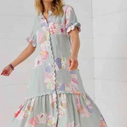 Binny - "WHEEL OF FORTUNE." Linen Viscose Maxi Dress - Chambray Patchwork