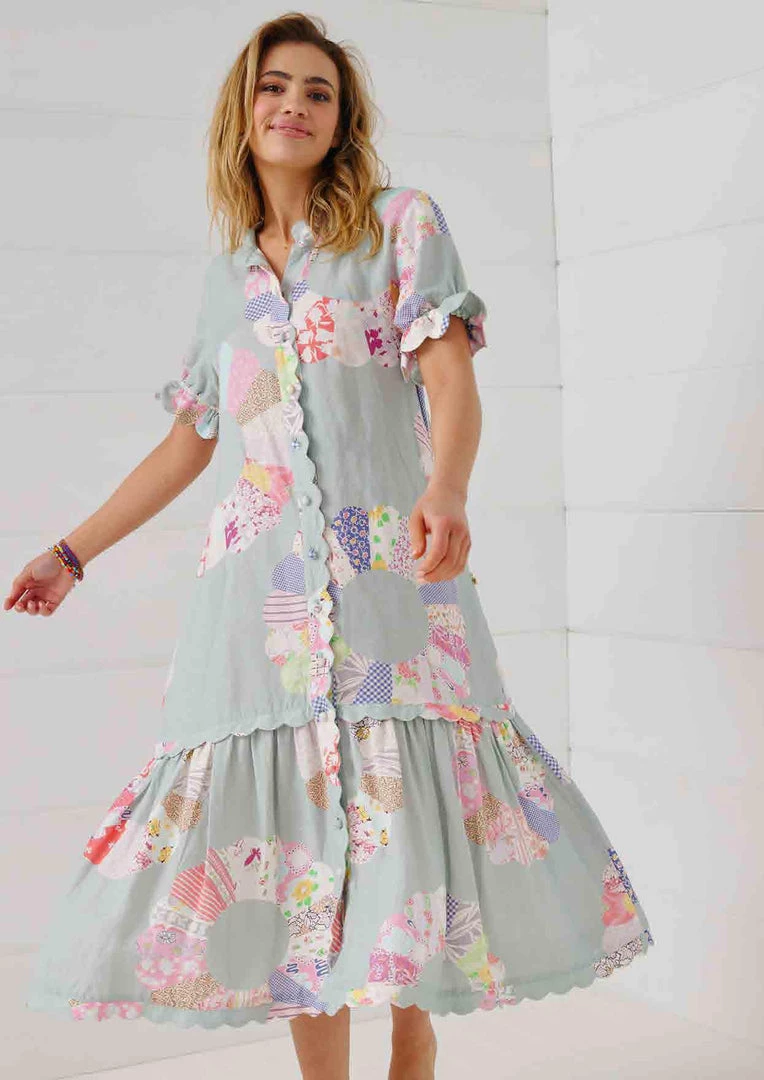 Binny - "WHEEL OF FORTUNE." Linen Viscose Maxi Dress - Chambray Patchwork 4 Binny - "WHEEL OF FORTUNE." Linen Viscose Maxi Dress - Chambray Patchwork