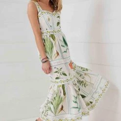 Binny - "AROMATHERAPY." Linen Viscose Ruffle Sundress - Botanical LAST ONE SIZE 14